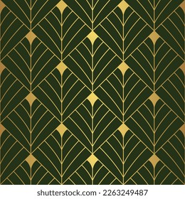 Art Deco diamond fan pattern. Luxury gold and green geometric decor. 