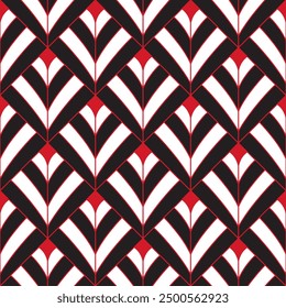 Art Deco diamond fan pattern. Luxury red geometric decor. 