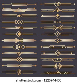 Art deco divider. Gold retro arts border, 1920s decorative ornaments and golden dividers borders, minimal elegant golden ornament frame for wedding invitation card. Vector design isolated icons set