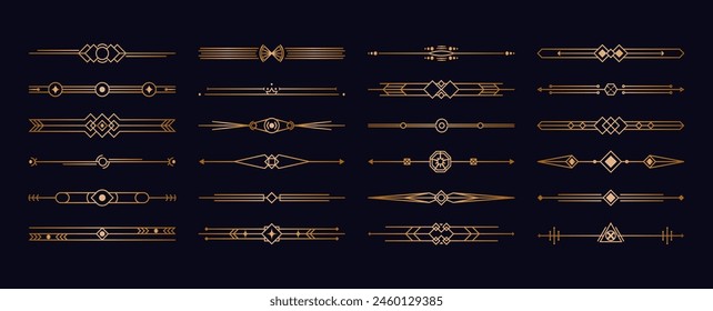 Art-Deco-Teiler-Kopfsatz. Elegante goldene geometrische Retro-Rahmen für Hochzeitseinladungskarten-Design 1920er Jahre Stil. Vektorgrafik ornamentale Kollektion