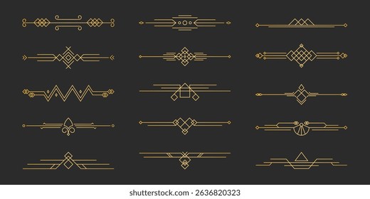 Art deco divider line collection - golden geometric ornamental borders on black background, vintage decorative elements, elegant separator design for luxury retro style text frames and page decoration