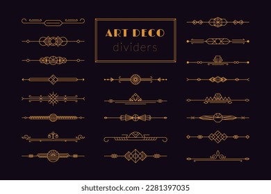 Art deco divider. Retro gold border 1920s decorative ornament, minimal frame header for invitation card. Vector line set