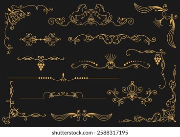 Art deco dividers and corners. Vintage elegant elements. Golden decorative borders. Flourish design. Retro book embellishment. Baroque ornament. Filigree separators