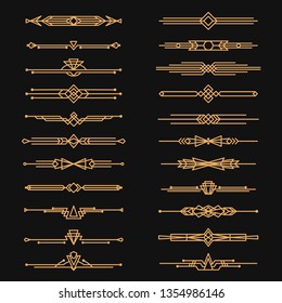 Art deco dividers and decorative golden headers. Victorian book and interior ornament. Vector flat style cartoon art deco illustration on black background