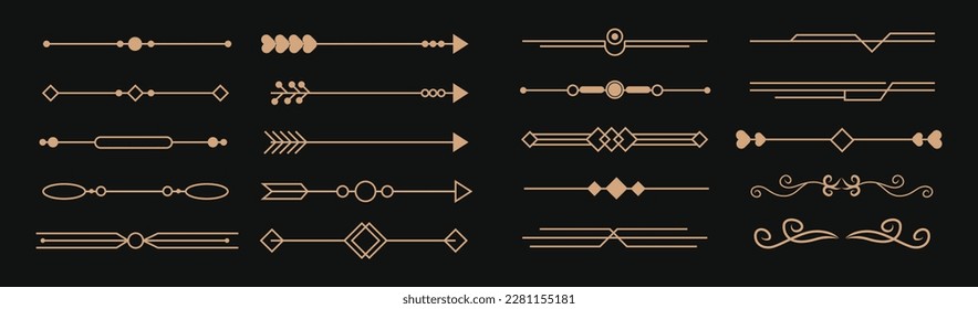 Art deco dividers and decorative golden headers. Victorian book and interior ornament. Vector flat style cartoon art deco illustration on black background
