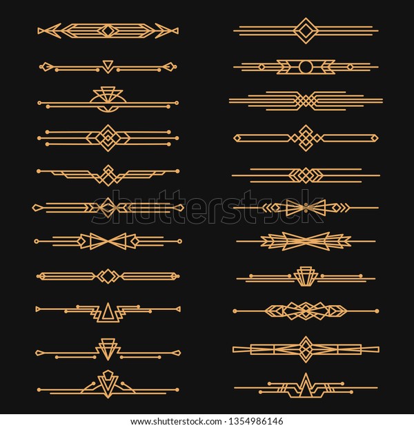 Art deco dividers and decorative\
golden headers. Victorian book and interior ornament. Vector flat\
style cartoon art deco illustration on black\
background