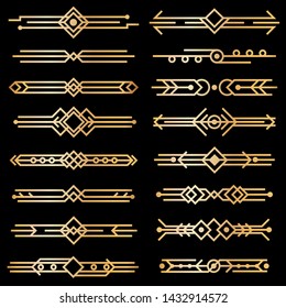 Art deco dividers. Gold deco design lines, golden book header borders. 1920s victorian vintage elements on black. Vector isolated swirl texture decor template collection