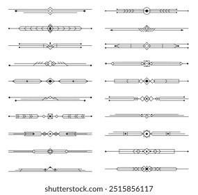 Divisores art deco y Elementos de borde de menú o adornos de línea elegantes, marcos de Vector. Antiguas art deco divisores con ornamento de línea geométrica, Elementos de decoración moderna o antigua para bordes o marcos