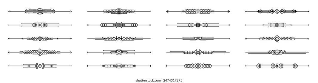 Art deco dividers, underline elements and menu border frames, vector elegant line ornaments. Vintage art deco dividers with modern geometric and ornate line ornament of antique Victorian decoration