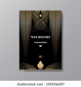 Art Deco elegant golden black page template, retro  style for web and print, city and the lights with golden geometric lines pattern. Modern design for menu or flyer, luxury gentle invitation 