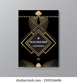 Art Deco elegant golden black page template, retro  style for web and print, city and the lights with golden geometric lines pattern. Modern design for menu or flyer, luxury gentle invitation 