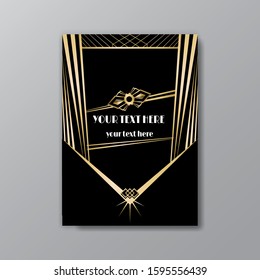 Art Deco elegant golden black page template, retro  style for web and print, city and the lights with golden geometric lines pattern. Modern design for menu or flyer, luxury gentle invitation 
