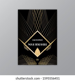 Art Deco elegant golden black page template, retro  style for web and print, city and the lights with golden geometric lines pattern. Modern design for menu or flyer, luxury gentle invitation 