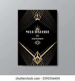 Art Deco elegant golden black page template, retro  style for web and print, city and the lights with golden geometric lines pattern. Modern design for menu or flyer, luxury gentle invitation 