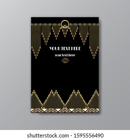 Art Deco elegant golden black page template, retro  style for web and print, city and the lights with golden geometric lines pattern. Modern design for menu or flyer, luxury gentle invitation 