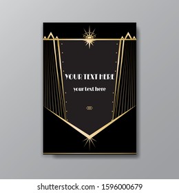 Art Deco elegant page template, Gatsby style for web and print, with moon sun and stars vintage pattern with geometric  lines. Modern design for invitation, luxury gentle golden black background  
