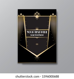 Art Deco elegant page template, Gatsby style for web and print, with moon sun and stars vintage pattern with geometric  lines. Modern design for invitation, luxury gentle golden black background  