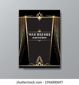 Art Deco elegant page template, Gatsby style for web and print, with moon sun and stars vintage pattern with geometric  lines. Modern design for invitation, luxury gentle golden black background  