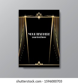 Art Deco elegant page template, Gatsby style for web and print, with moon sun and stars vintage pattern with geometric  lines. Modern design for invitation, luxury gentle golden black background  