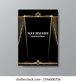 Art Deco elegant page template, Gatsby style for web and print, with moon sun and stars vintage pattern with geometric  lines. Modern design for invitation, luxury gentle golden black background  