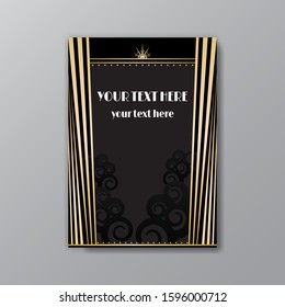 Art Deco elegant page template, Gatsby style for web and print, with moon sun and stars vintage pattern with geometric  lines. Modern design for invitation, luxury gentle golden black background  