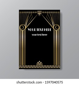 Art Deco elegant page template, retro  style,stars and the lights, geometric vintage pattern with lines golden. Modern design for menu or flyer, luxury gentle background for web and print invitation 