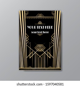 Art Deco elegant page template, retro  style,stars and the lights, geometric vintage pattern with lines golden. Modern design for menu or flyer, luxury gentle background for web and print invitation 
