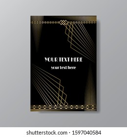 Art Deco elegant page template, retro  style,stars and the lights, geometric vintage pattern with lines golden. Modern design for menu or flyer, luxury gentle background for web and print invitation 