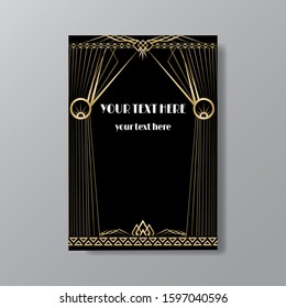 Art Deco elegant page template, retro  style,stars and the lights, geometric vintage pattern with lines golden. Modern design for menu or flyer, luxury gentle background for web and print invitation 