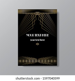 Art Deco elegant page template, retro  style,stars and the lights, geometric vintage pattern with lines golden. Modern design for menu or flyer, luxury gentle background for web and print invitation 