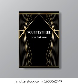 Art Deco elegant page template, Gatsby style for web and print, with moon sun and stars vintage pattern with geometric  lines. Modern design for invitation, luxury gentle golden black background  