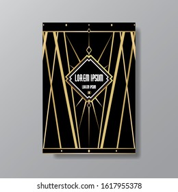 Art Deco elegant page template, Gatsby style for web and print, with moon sun and stars vintage pattern with geometric  lines. Modern design for invitation, luxury gentle golden black background  