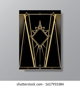Art Deco elegant page template, Gatsby style for web and print, with moon sun and stars vintage pattern with geometric  lines. Modern design for invitation, luxury gentle golden black background  