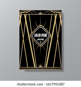 Art Deco elegant page template, Gatsby style for web and print, with moon sun and stars vintage pattern with geometric  lines. Modern design for invitation, luxury gentle golden black background  