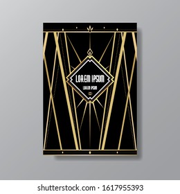 Art Deco elegant page template, Gatsby style for web and print, with moon sun and stars vintage pattern with geometric  lines. Modern design for invitation, luxury gentle golden black background  