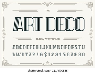 Art deco elegant typeface. Retro font sans serif style for party poster, printing on fabric, t shirt, promotion, decoration, stamp, label. Cool bold modern alphabet vintage typography. Vector 10 eps