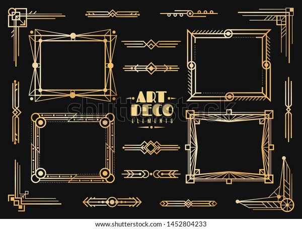 Art deco elements. Gold wedding deco frame\
border, classic dividers and corners. 1920s retro luxury art golden\
abstract vector framed vintage\
design