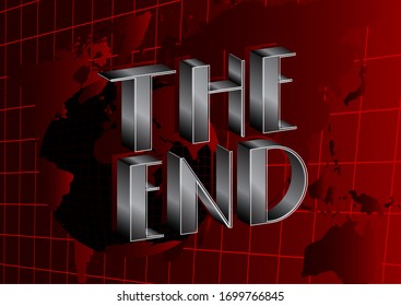 Art Deco The End text. Decorative sign with red world map and Earth globe. World's end design.