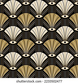 Art Deco eye seamless pattern design on black background white gold and white elements lines and shapes