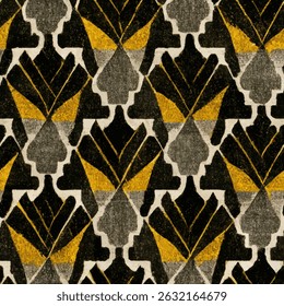 Art Deco fabric pattern, black and gray with yellow accents. grunge lines ikat pattern, striped seamless pattern, Vector illustration background for print the paper.