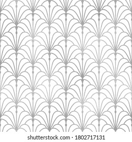 Art-Deco-Fandesign. Silber geometrisches nahtloses Muster. Arc deco grafische Trellis. Stilvoll mehrfarbiger Hintergrund. Jugendstil-Gatsby-Designdrucke. Klassische chinesische Muschelstruktur. Waage. Vektorgrafik