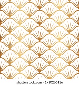 Art deco fan gold. Seamless pattern golden nouveau. Gatsby gold texture. Vintage scale ornate background. Classic great style. Roaring ornament. Elegant motif. Delicate design shell for prints. Vector