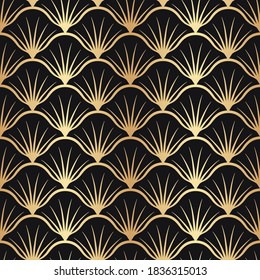 Art deco fan gold. Seamless pattern golden nouveau. Gatsby gold texture. Vintage scale ornate background. Classic great style. Roaring ornament. Elegant motif. Delicate design shell for prints. Vector