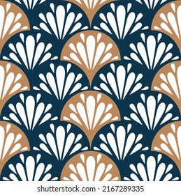 Patrón de ventilador Art Deco en color azul y marrón. Decoración florística ornamental geométrica. Papel tapizado de diseño interior. 