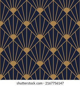 Patrón de ventilador Art Decó en azul y dorado. Decoración geométrica ornamental. Papel tapizado de diseño interior. 