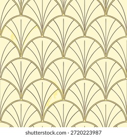 Art Deco Ventilador Padrão com linhas castanhas escuras e acentos amarelos em Creme sem costura padrão geométrico