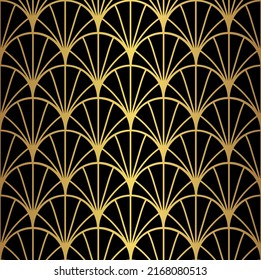 Patrón de ventilador Art Deco en oro y negro. Decoración geométrica ornamental de lujo. Papel tapizado de diseño interior. 