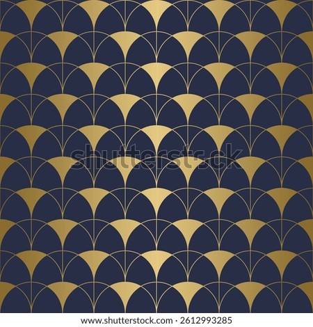 Art Deco fan pattern in gold on dark blue. Elegant, geometric, repeating design with curved lines and semi-circles.