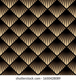 Patrón de escala sin fisuras geométricas de diseño dorado en fondo negro.