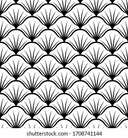 Art deco fan. Seamless pattern nouveau. Gatsby texture. Vintage scale ornate background. Classic great style. Roaring ornament. Elegant black and white geometric motif. Design shell for prints. Vector